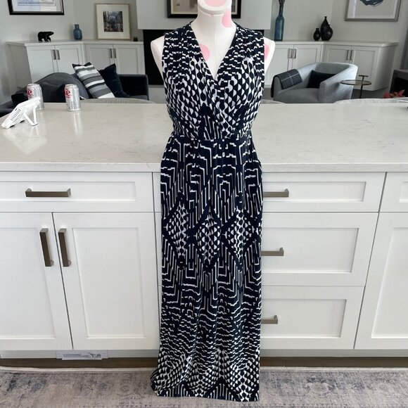 Mario Serrani Italy Slvless V Nk Faux Wrap Geo Print Maxi Dress Navy Sz M - Picture 10 of 10